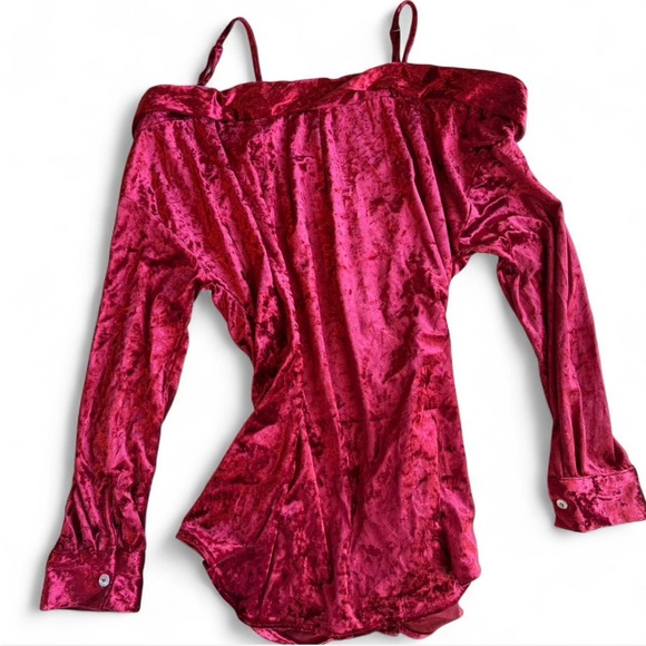 Red Velvet Off-Shoulder Button-Up Top - Picture 3 of 4
